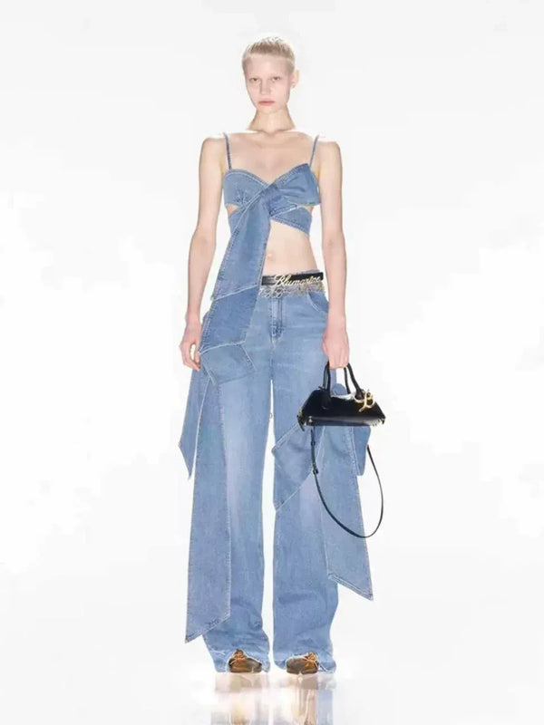 Denim Bow Bandeau Wide-Leg Set