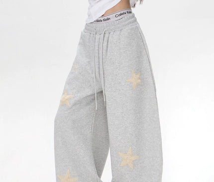 TALKLESSFASHION S / C02 Slacks - Grey Vintage star embroidery patch sports street dance sweatpants for women loose and lazy wind slim wide-leg jazz dance scimitar pants