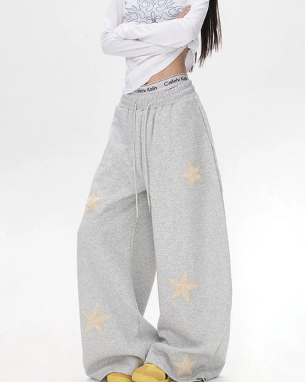 TALKLESSFASHION S / C02 Slacks - Grey Vintage star embroidery patch sports street dance sweatpants for women loose and lazy wind slim wide-leg jazz dance scimitar pants