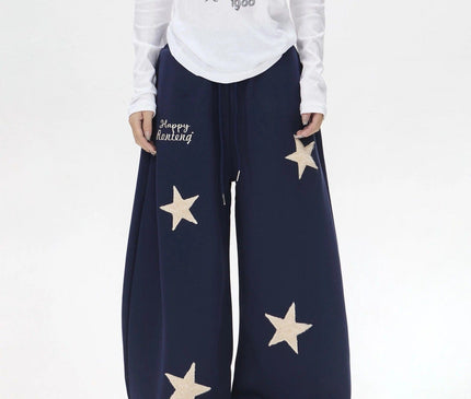 TALKLESSFASHION S / C02 Slacks - Navy Blue Vintage star embroidery patch sports street dance sweatpants for women loose and lazy wind slim wide-leg jazz dance scimitar pants