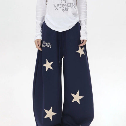 TALKLESSFASHION S / C02 Slacks - Navy Blue Vintage star embroidery patch sports street dance sweatpants for women loose and lazy wind slim wide-leg jazz dance scimitar pants