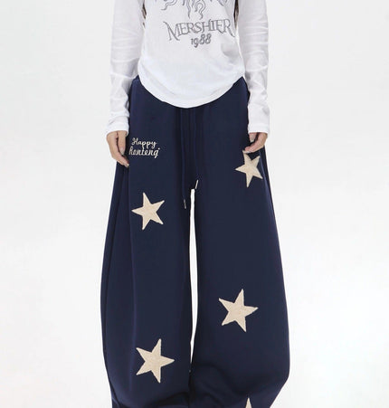 TALKLESSFASHION S / C02 Slacks - Navy Blue Vintage star embroidery patch sports street dance sweatpants for women loose and lazy wind slim wide-leg jazz dance scimitar pants