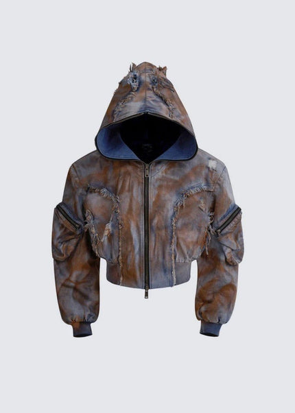 THETLSTUDIO S / coat Wasteland style short hooded denim jacket men make old mud dye fake two pieces of broken structure raw edge jeans