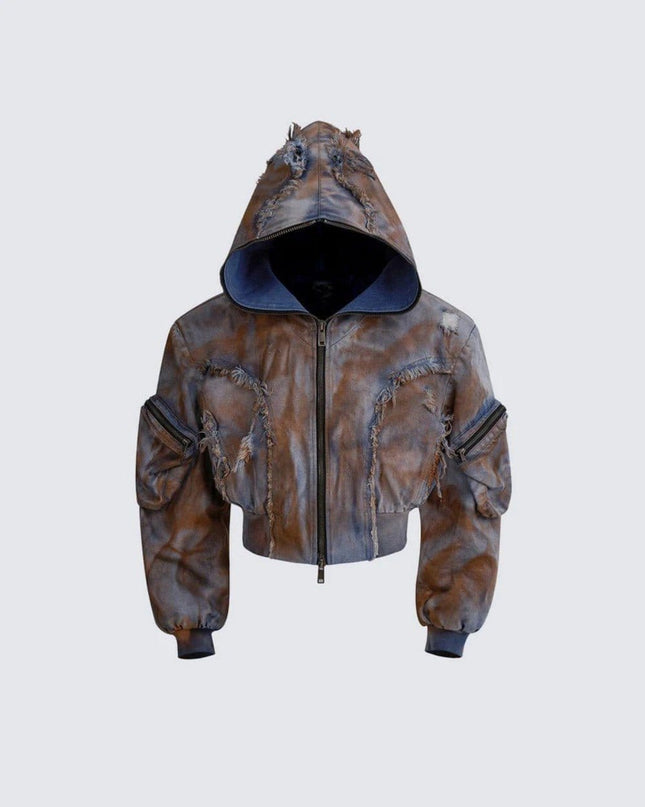TALKLESSFASHION S / coat Wasteland style short hooded denim jacket men make old mud dye fake two pieces of broken structure raw edge jeans