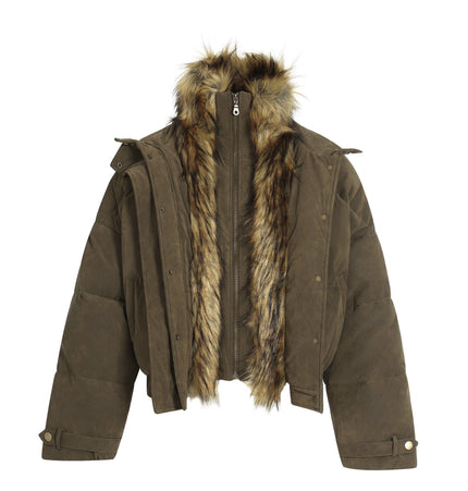 TALKLESSFASHION S / Coffee color Pilot PU Fur Collar Padded Jacket