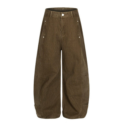 TALKLESSFASHION S / Coffee color Retro loose silhouette scimitar pants men's save design pocket washing distressed casual wide-leg floor-length pants trend
