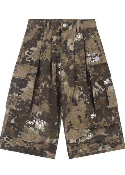 THETLSTUDIO S / Coffee color snake Snakeprint Camouflage Multi-Pocket Cargo Shorts