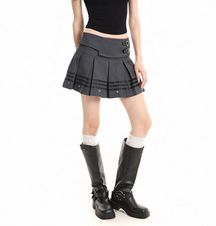 THETLSTUDIO S / Coffee color XPKAEAX American Vintage Striped Paneled Skirt Women's Spring New Leather Buckle Preppy Pleated Skirt