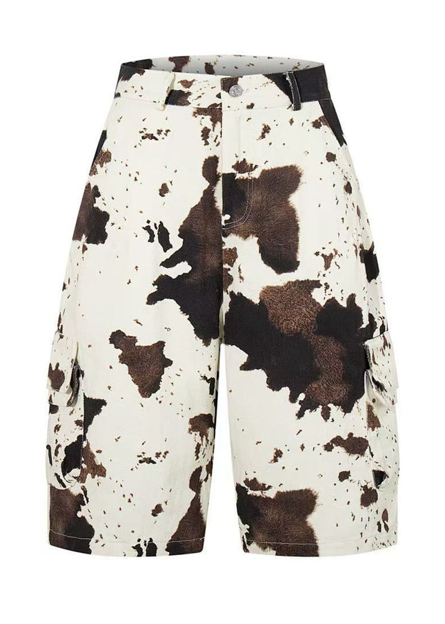TALKLESSFASHION S / Cow color BLACKLISTS American vintage distressed cow print camouflage workwear cropped pants men's and women's scimitar wide-leg shorts summer