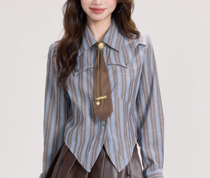 TALKLESSFASHION S / Curry shirt Mi Xiaoke American retro long-sleeved shirt women's spring college style with striped shirt and small temperament top