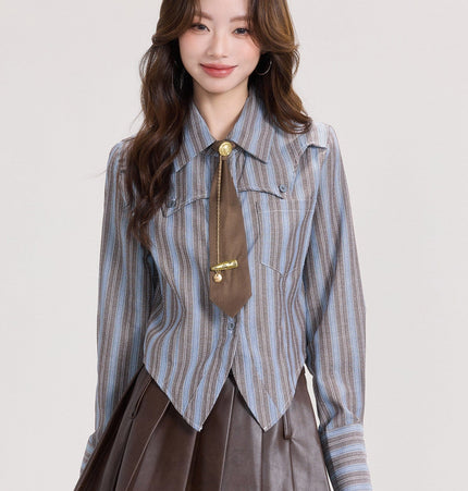 TALKLESSFASHION S / Curry shirt Mi Xiaoke American retro long-sleeved shirt women's spring college style with striped shirt and small temperament top