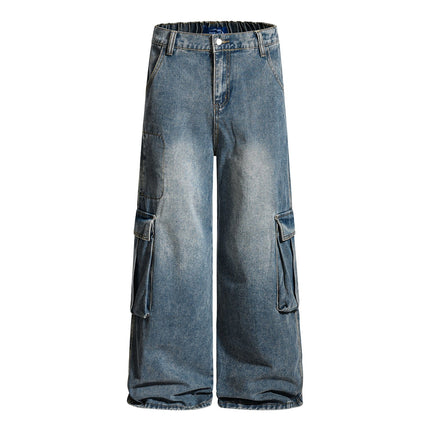 TALKLESSFASHION S / Denim Blue American retro washed multi-pocket wide-leg jeans for men and women couples are versatile and slim high street casual straight-leg pants