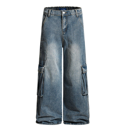 THETLSTUDIO S / Denim Blue American retro washed multi-pocket wide-leg jeans for men and women couples are versatile and slim high street casual straight-leg pants