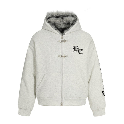 TALKLESSFASHION S / Flower ash Jiayiku trendy brand 2025 winter new American mountain carved fur collar cotton jacket fleece sweatshirt jacket hooded cotton jacket