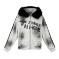 TALKLESSFASHION S / gray American fur collar detachable hooded fleece sweatshirt for women 2025 winter loose tie-dye distressed cardigan jacket for men