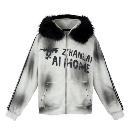 THETLSTUDIO S / gray American fur collar detachable hooded fleece sweatshirt for women 2025 winter loose tie-dye distressed cardigan jacket for men