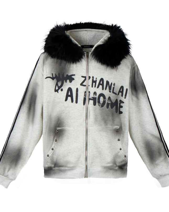 TALKLESSFASHION S / gray American fur collar detachable hooded fleece sweatshirt for women 2025 winter loose tie-dye distressed cardigan jacket for men