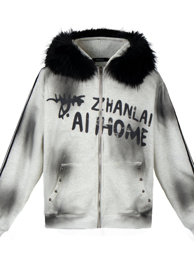 TALKLESSFASHION S / gray American fur collar detachable hooded fleece sweatshirt for women 2025 winter loose tie-dye distressed cardigan jacket for men