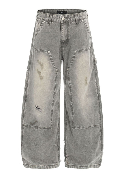 THETLSTUDIO S / gray American wasteland style distressed jeans men deconstruct niche design loose straight wide-leg cargo pants women