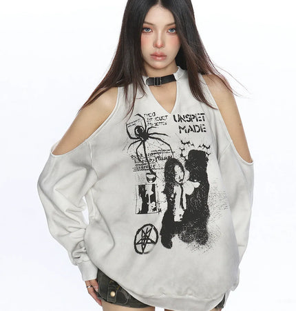 THETLSTUDIO S / gray Graffiti Distressed Off-Shoulder Sweatshirt