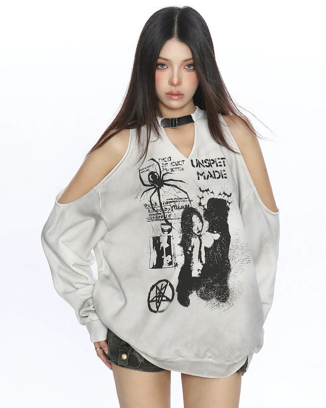 TALKLESSFASHION S / gray Graffiti Distressed Off-Shoulder Sweatshirt