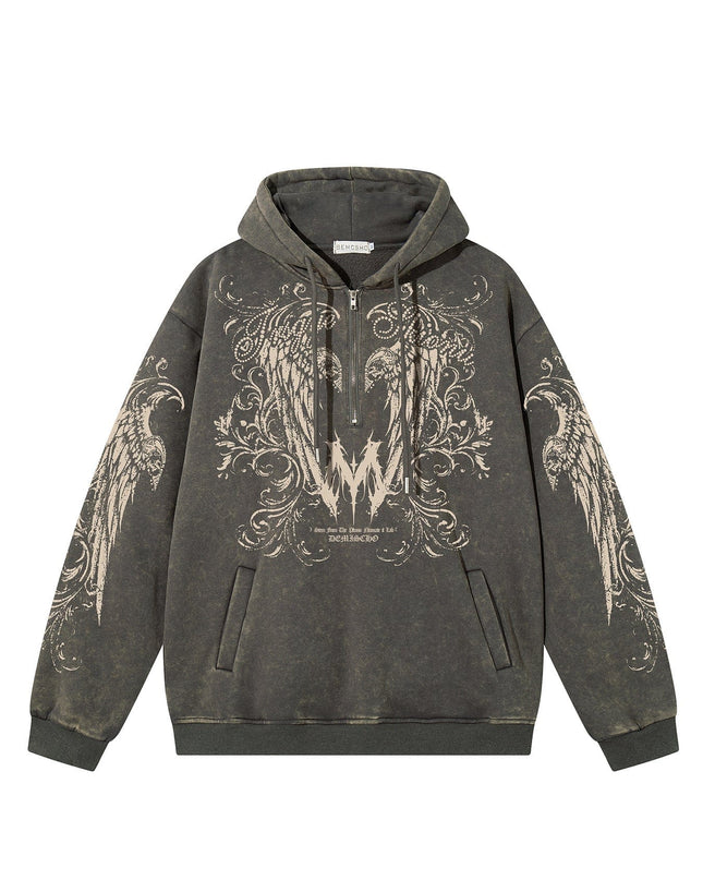 TALKLESSFASHION S / gray Graphic  Washed Hooded Pullover