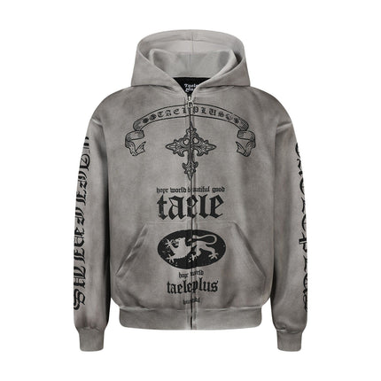 TALKLESSFASHION S / gray Jiayiku Men's 2026 New Wasteland Feng Shui Washed Stained Dyed Cardigan Sweatshirt Jacket Men's and Women's American Street Hoodie