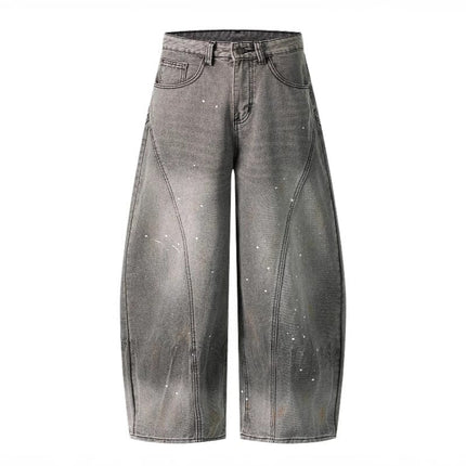 TALKLESSFASHION S / gray Retro washed distressed gray ink-splashed cutter jeans, men's and women's trendy brand American street design sense loose pants