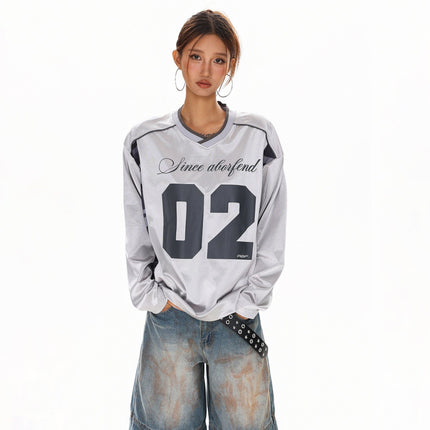 TALKLESSFASHION S / gray XPKAEAX American High Street Digital Print V-Neck Long Sleeve T-Shirt Men's and Women's Fall 2025 Jersey Sporty Top