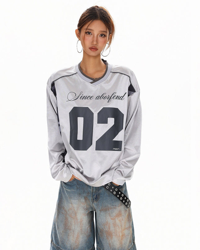 TALKLESSFASHION S / gray XPKAEAX American High Street Digital Print V-Neck Long Sleeve T-Shirt Men's and Women's Fall 2025 Jersey Sporty Top