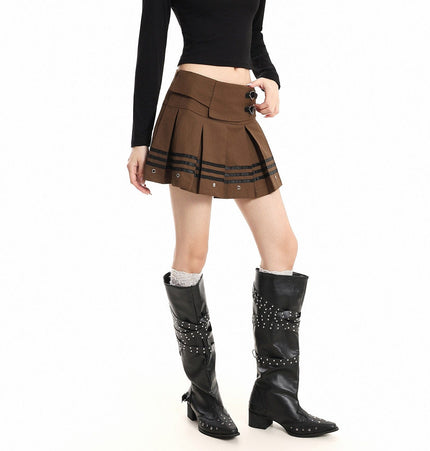 THETLSTUDIO S / gray XPKAEAX American Vintage Striped Paneled Skirt Women's Spring New Leather Buckle Preppy Pleated Skirt