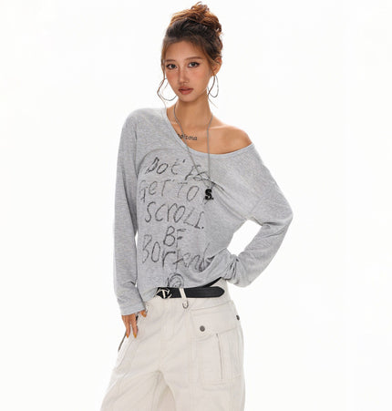 THETLSTUDIO S / gray XPKAEAX Slightly Translucent Lightweight Letter Long Sleeve T-Shirt Women's 2025 Pre-Fall Loose Off-the-Shoulder Top American Slanted Shoulder Cover-Up