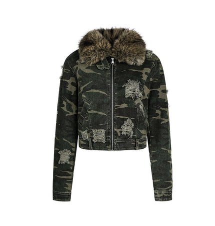 THETLSTUDIO S / green Camo Wash Detachable Fur Jacket
