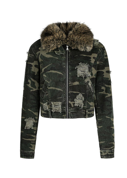 THETLSTUDIO S / green Camo Wash Detachable Fur Jacket