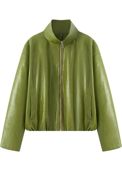 THETLSTUDIO S / Green jacket Vienna Love Letter American retro high-end atmosphere cool sassy PU leather jacket sexy slim bandeau skirt set