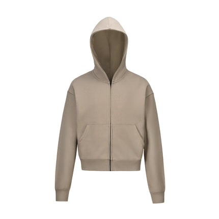 TALKLESSFASHION S / Khaki 0036 American retro trend men's and women's high street version design solid color men's zipper short and wide hooded sweatshirt