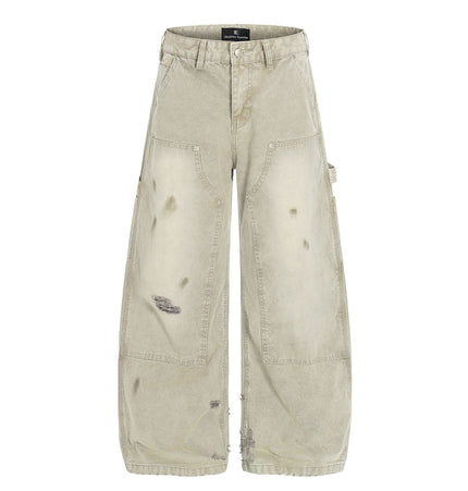 THETLSTUDIO S / Khaki American wasteland style distressed jeans men deconstruct niche design loose straight wide-leg cargo pants women