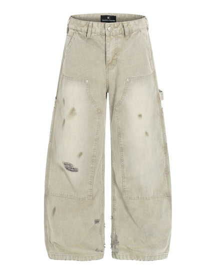 TALKLESSFASHION S / Khaki American wasteland style distressed jeans men deconstruct niche design loose straight wide-leg cargo pants women