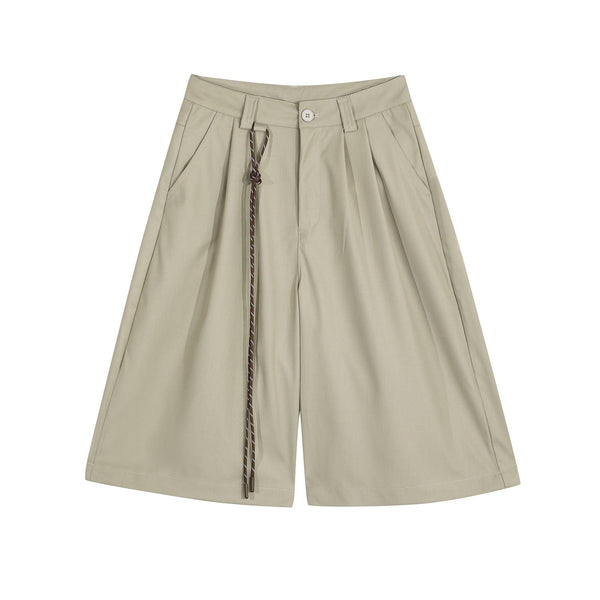 THETLSTUDIO S / Khaki D2507 American Retro Unisex Street Deconstructed Pleated Design Men's Loose Casual Capri Shorts — 2