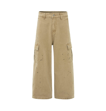 TALKLESSFASHION S / Khaki palm print design casual cargo trousers
