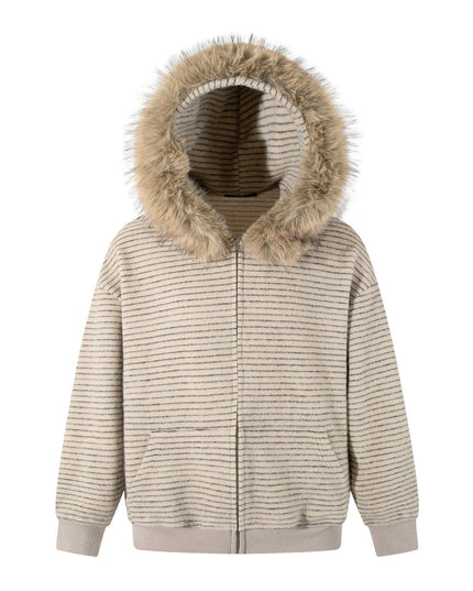 TALKLESSFASHION S / Khaki Striped Hooded Hooded Sweatshirt Jacket