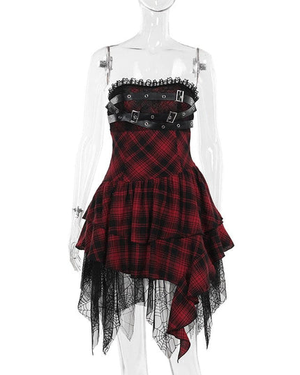 TALKLESSFASHION S / lattice XS24244 summer gothic new hip skirt celebrity style temperament sexy red plaid bandeau dress women