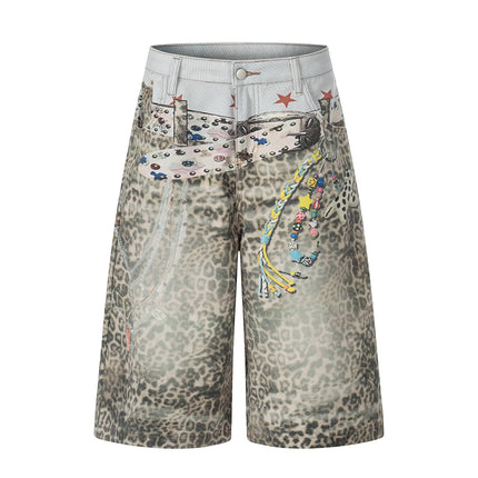 TALKLESSFASHION S / Leopard print BLACKLISTS American 3D printed belt leopard print denim cropped pants for men and women with a sense of design feel distressed wide-leg shorts