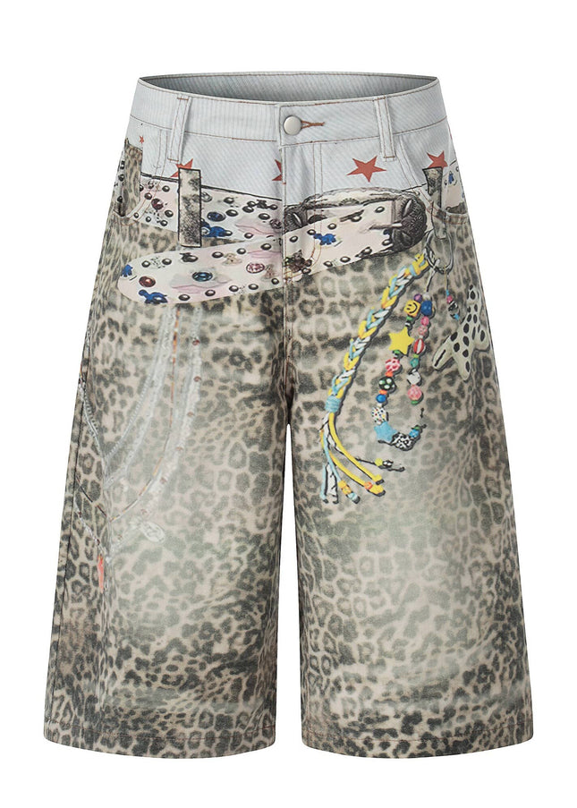 TALKLESSFASHION S / Leopard print BLACKLISTS American 3D printed belt leopard print denim cropped pants for men and women with a sense of design feel distressed wide-leg shorts