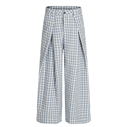 TALKLESSFASHION S / Light blue GXFortune Minimalist Pleated Three-dimensional Plaid Wide-Leg Slacks Genderless Vintage Versatile Loose Long Pants