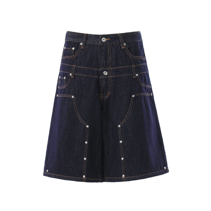 TALKLESSFASHION S / Navy blue BLACKLISTS American deconstructed topline design sense riveted denim cropped pants men's and women's fake two-piece cargo shorts