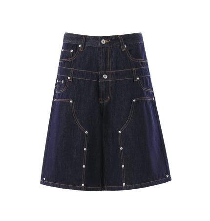 TALKLESSFASHION S / Navy blue BLACKLISTS American deconstructed topline design sense riveted denim cropped pants men's and women's fake two-piece cargo shorts