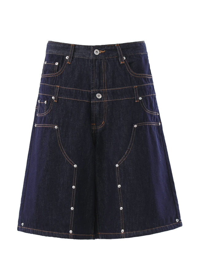 TALKLESSFASHION S / Navy blue BLACKLISTS American deconstructed topline design sense riveted denim cropped pants men's and women's fake two-piece cargo shorts