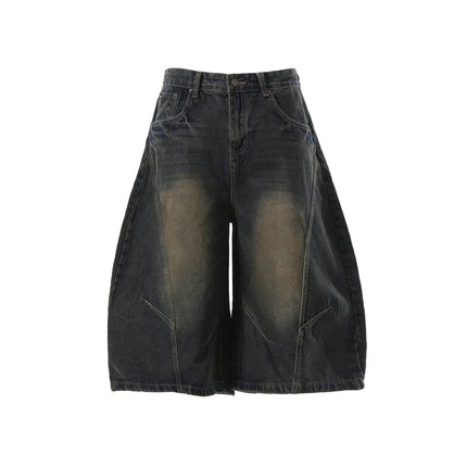 TALKLESSFASHION S / Navy blue BLACKLISTS American retro deconstructed silhouette washed scimitar denim shorts cropped wide-leg cropped pants for men and women