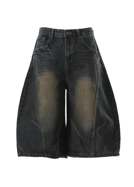 THETLSTUDIO S / Navy blue BLACKLISTS American retro deconstructed silhouette washed scimitar denim shorts cropped wide-leg cropped pants for men and women